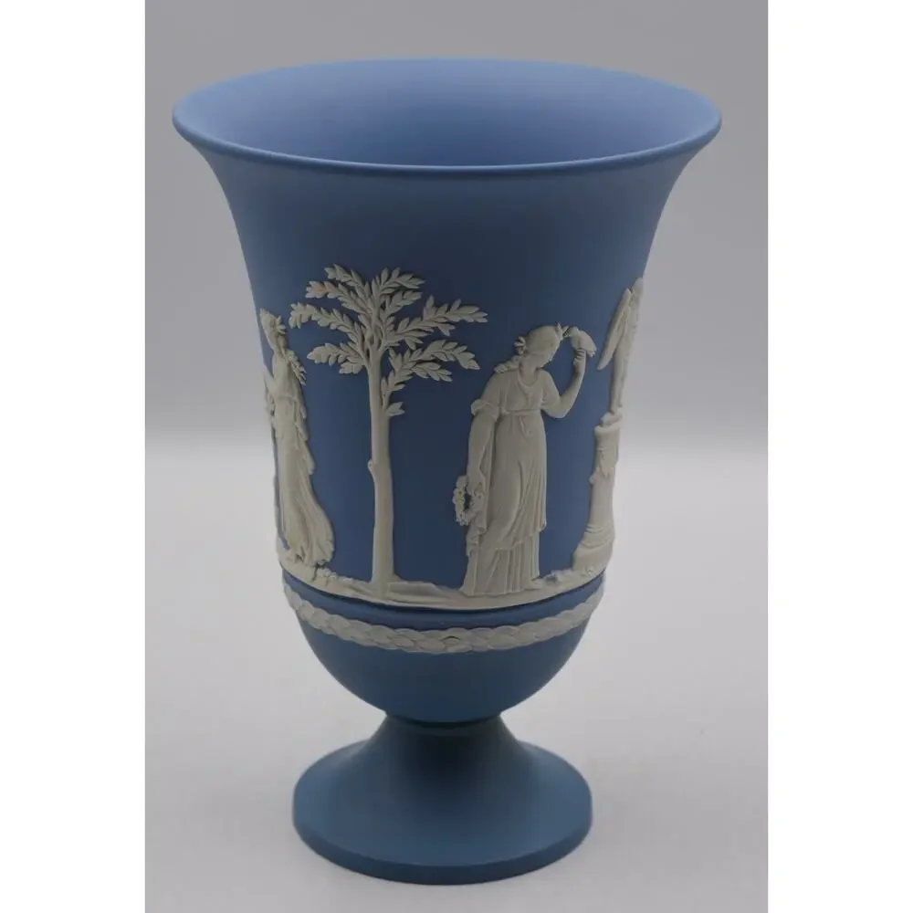 Wedgwood Blue Jasperware Cameo Cherubs Neoclassical Pedestal Vase